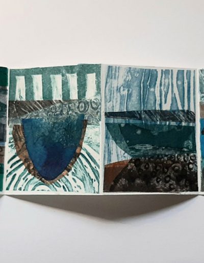 Bay at the Back, Concertina Book, Hand Printed Paper, Collage, 15cm x 8cm closed, opens to 60cm x 8cm