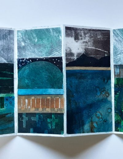 Deep Blue Passage, Concertina Book, Hand Printed Paper, Collage, 15cm x 8cm closed, opens to 60cm x 15cm