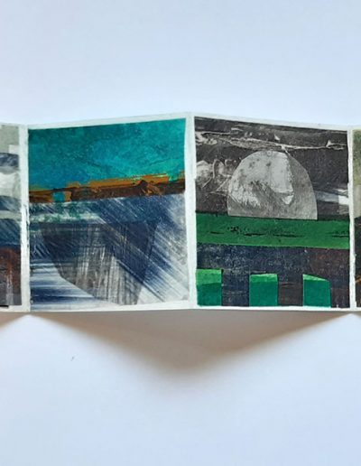 Island Moonrise, Concertina Book, Hand Printed Paper, Collage, 8cm x 8cm closed, opens to 60cm x 8cm