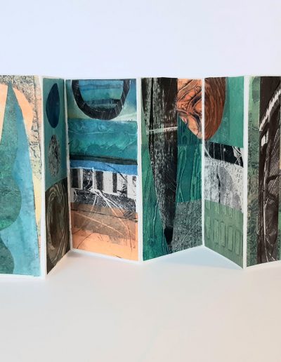 Long Night Moon, Concertina Book, Hand Printed Paper, Collage, 15cm x 8cm closed, opens to 60cm x 15cm