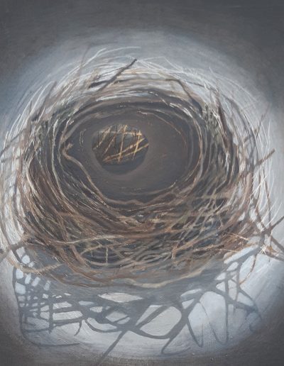 Song Thrush nest with pebble, Oil on Canvas, 30cm x 30cm x 3.5cm (unframed)