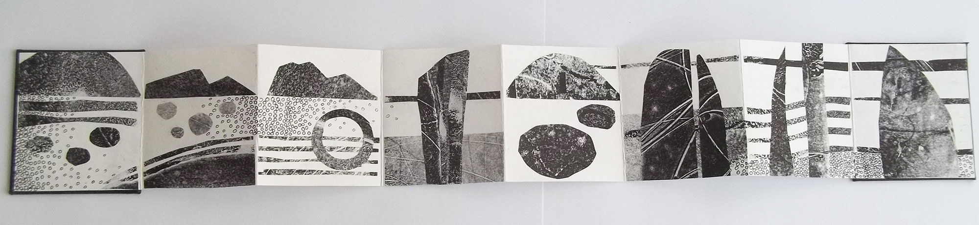 Stones and Chambers, Concertina Book, Monoprint, Collage, 8.5cm x 8.5cm closed, opens to 59cm x 7.5cm