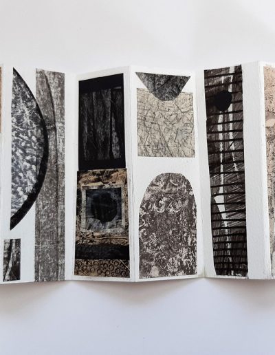 Time Lapse, Concertina Book, Hand Printed Paper, Collage, 15.5cm x 5.5cm closed, opens to 40cm x 15.5cm