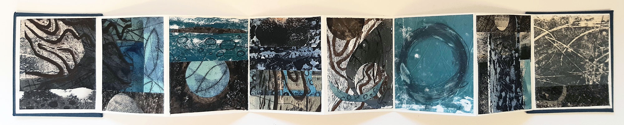 Open Sea, Concertina Book, Hand Printed Paper, Collage, 8cm x 8cm closed, opens to 60cm x 8cm